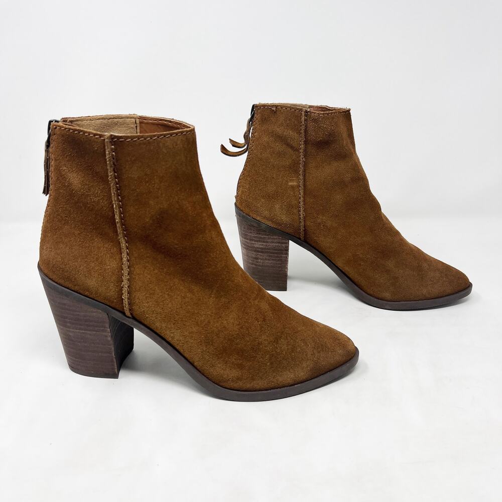 [BP] Brown Suede Leather Chunky Stacked Heel Ankle Boots Almond Toe Size 8.5 M
